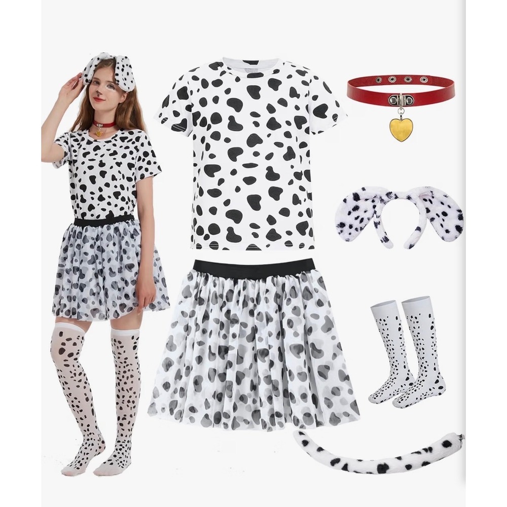 Dalmatian Costume Set Womens XL Spotted Shirt Tutu Ears Tail Socks Choker Red